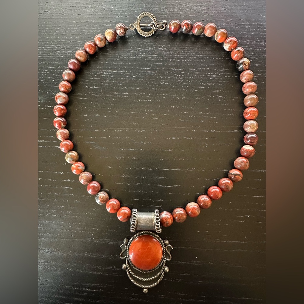 Artisan Crafted Sterling Silver 925 Red Jasper Bead & Pendant Necklace